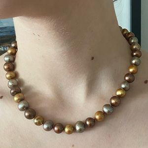 FW Pearl 14K Yellow Gold Necklace & Earring Set Chocolate Brown Silver Gray Gold